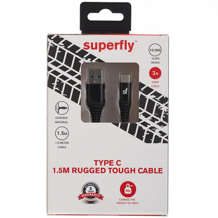 Superfly 30 Watt 1.5m Type C Rugged Tough Cable - Black