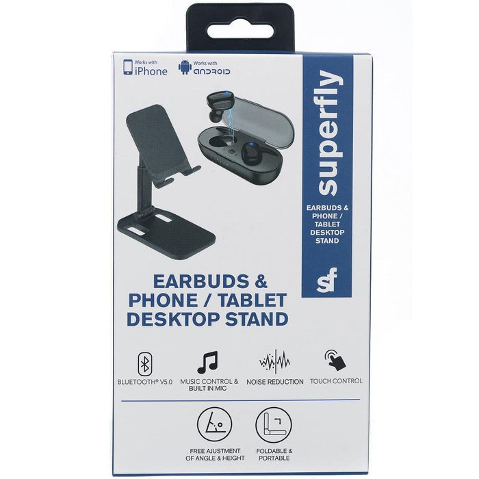 Superfly Wireless Earbuds and Phone / Tablet Desktop Stand