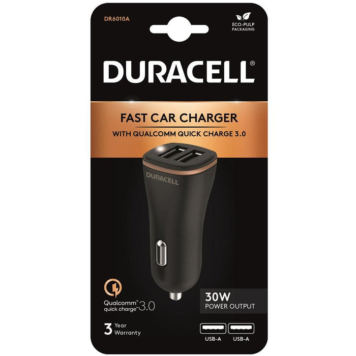 Duracell 30W QC 3.0 Dual USB Fast Car Charger - Black
