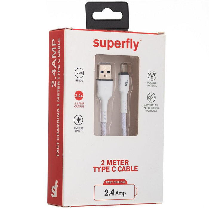 SUPA FLY 2m 2.4A Type C Fast Charge Cable - White