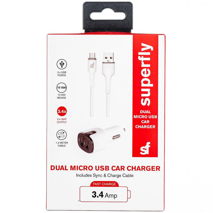 Superfly 3.4A Dual USB Car Charger with Micro USB Cable - White