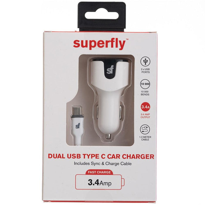 Superfly 3.4A Dual USB Car Charger with Type C Cable - White