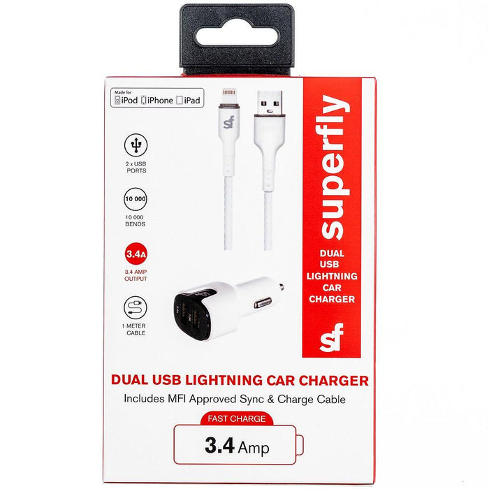 Superfly 3.4A Dual USB MFI Lightning Car Charger - White