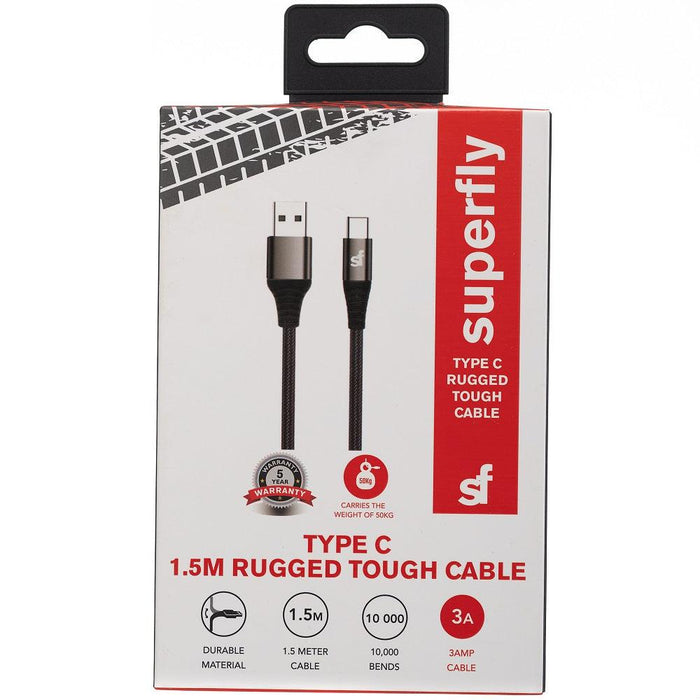 Superfly 30 Watt 1.5m Type C Rugged Tough Cable - Black