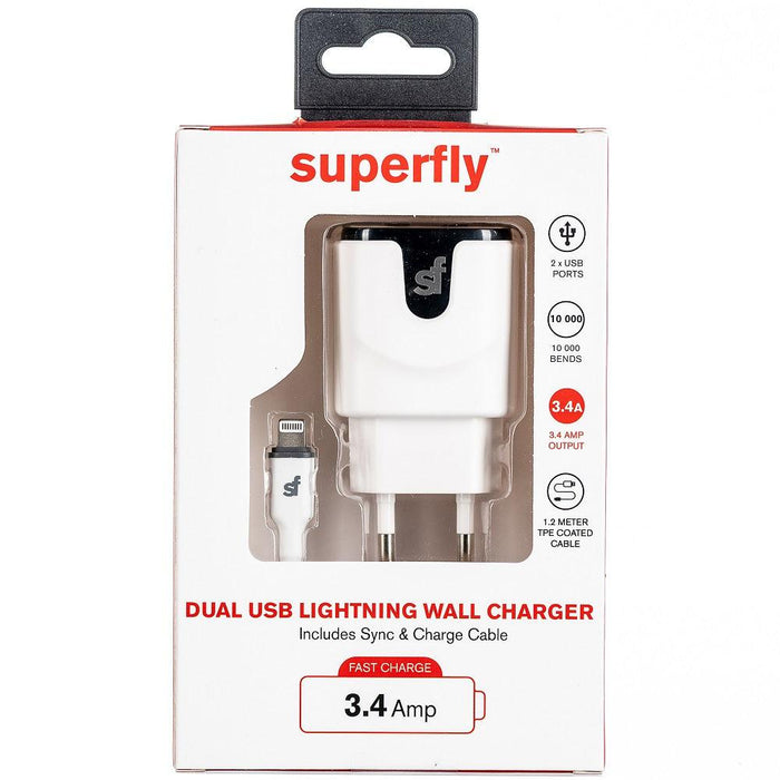 Superfly 3.4A Dual USB Wall Charger with Lightning Cable - White