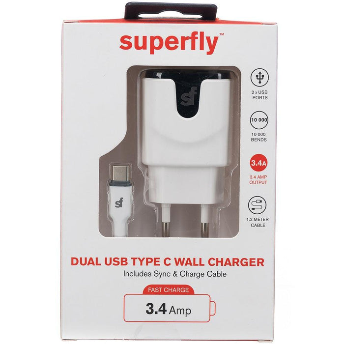 Superfly 3.4A Dual USB Wall Charger with Type C Cable - White