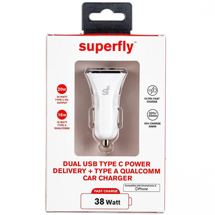 Superfly 38W Dual USB PD and QC Car Charger - White