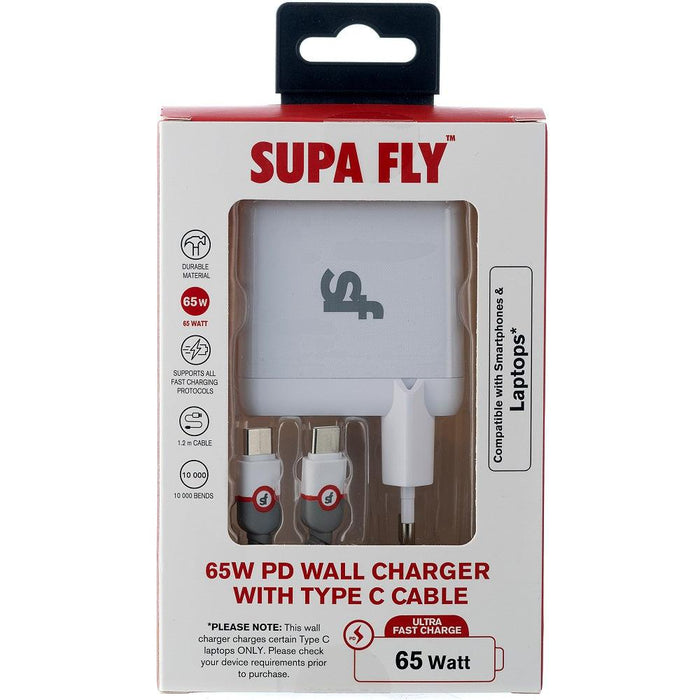 Superfly 65W PD Wall Charger with Type C Cable - White