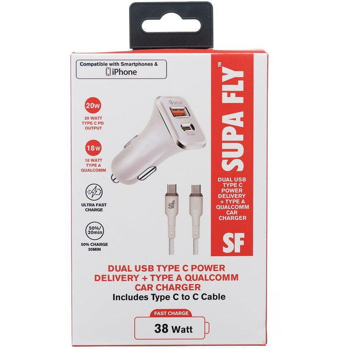 Superfly 38W Dual USB PD and QC Car Charger with Type C Cable - White