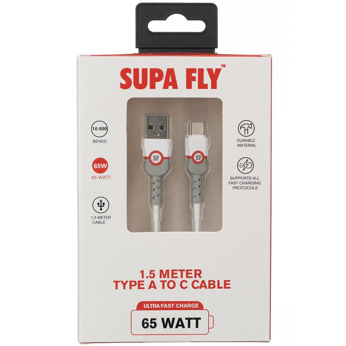 SUPA FLY 1.5m 65W USB Type A to USB Type C Cable – White