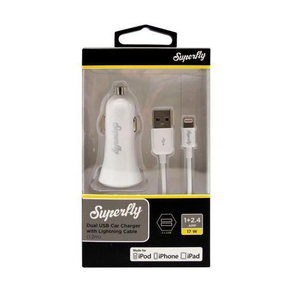 Superfly Car Charger Kit 1 White (2.4A+1A+L-Pin Cable)_SFC2-3413KIT1WHT_0700083208736_Accessory Lab