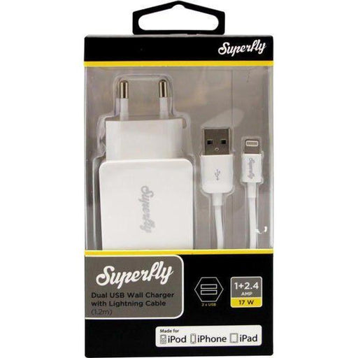 Superfly DualUSB Wall Charger Kit1 (2.4A+1A+L-Pin Cable)_SFW2-34GCKIT1WHT_0700083208712_Accessory Lab